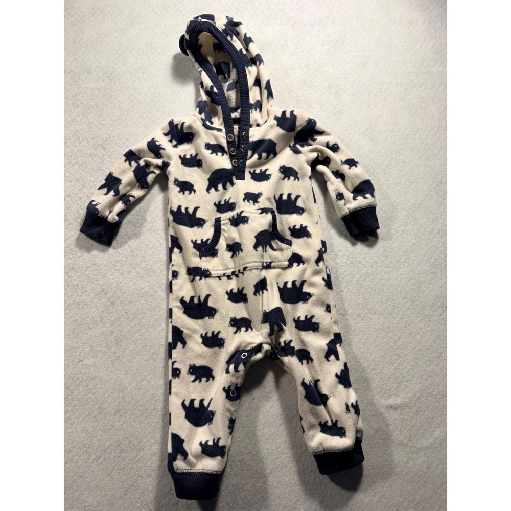 Carters Baby Boys Fleece Hooded Bear Print Romper Navy Cream 9 Months